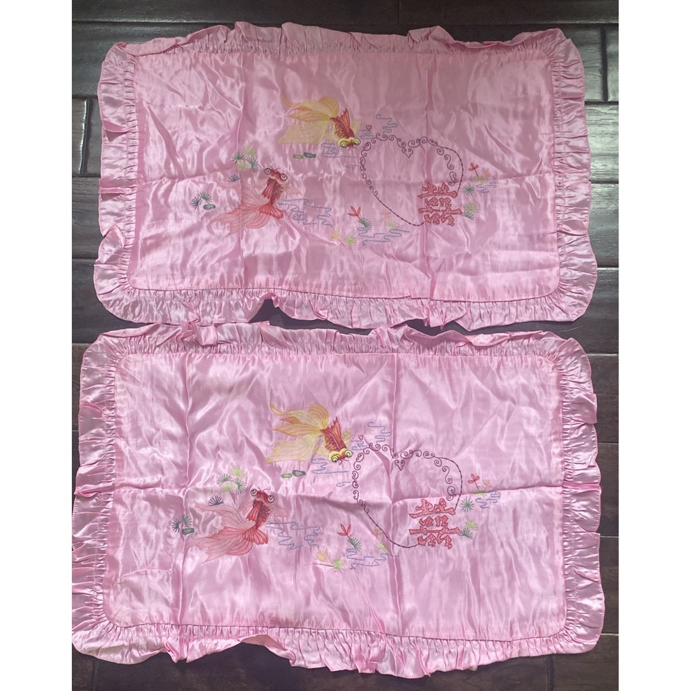 2 Vintage Pink CHINESE Embroidered Satin Boudoir Pillow Covers Koi Fish Heart